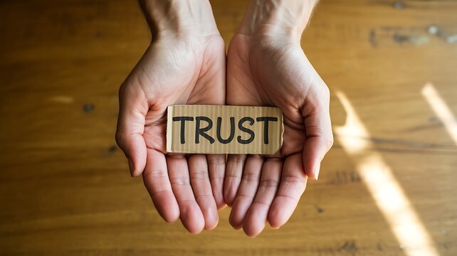 Hands holding wooden trust block representing confidence honesty and business reliability