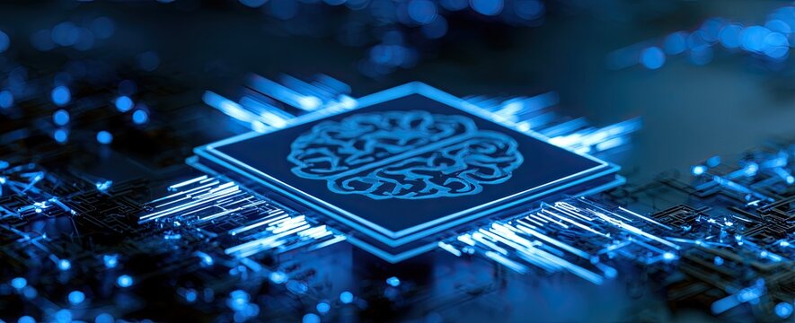 Digital brain on a glowing circuit board, representing artificial intelligence