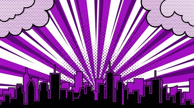 Stylized retro purple skyline featuring comic clouds and bold radial rays. Ideal for social media graphics, travel posters, editorial layouts, and promotional campaigns.