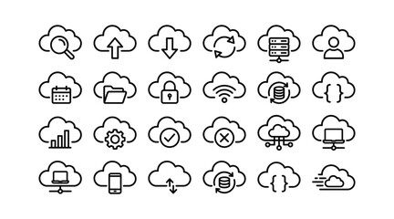 Obraz premium Cloud Computing Icon Set – Server, Network and Data Line Icons Cloud computing icon set featuring cloud, server, network connection and data storage line icons. Perfect for IT, cloud services, technol