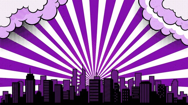 Bold purple downtown skyline combined with vintage burst rays and dramatic cloud details. Excellent for event promotions, branding, websites, and creative marketing materials.