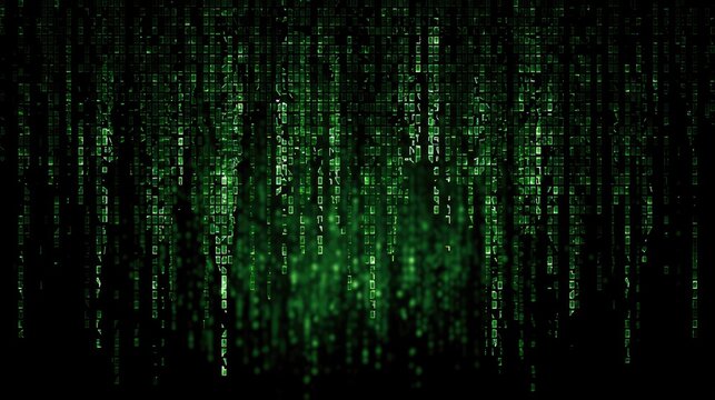 Abstract digital rain of glowing green binary code on a black background