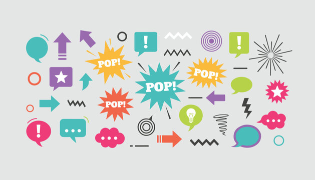 Retro comic book speech bubbles and explosion elements in vibrant colors create a dynamic graphic design kit.