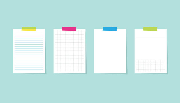 Lined, grid, and blank notepad paper sheets with colorful adhesive tape on a light blue background.