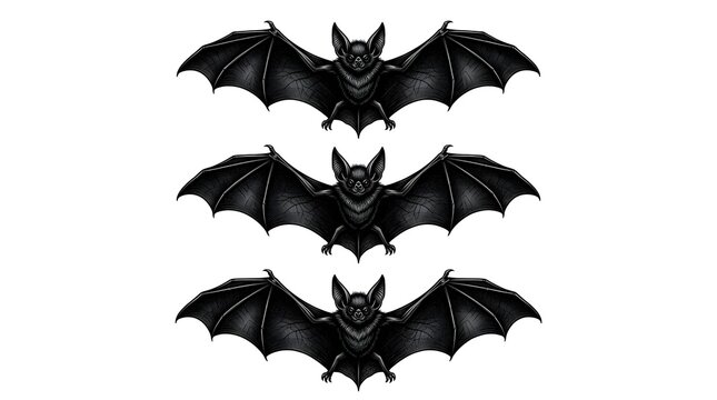 Three black bats isolated on white background