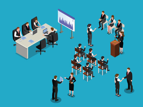 Business Meeting Presentation and Corporate Conference 3d isometric vector illustration