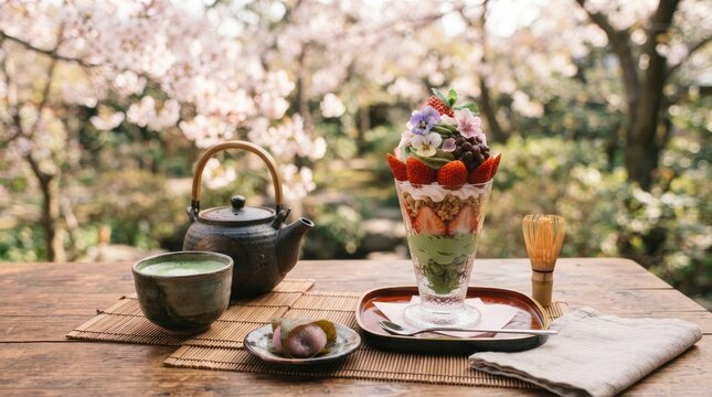 A tall glass parfait is presented on a wooden table, overflowing with fresh strawberries, blueberries, and other colorful fruits.