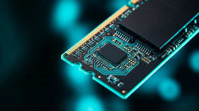 Computer memory module circuit board with glowing blue lines and black chip