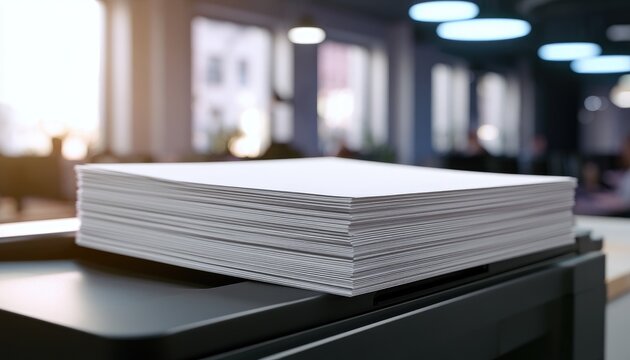 Stack of white paper on office equipment, blurred background