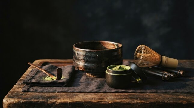 A dark, moody photograph showcases a traditional Japanese tea ceremony setup.