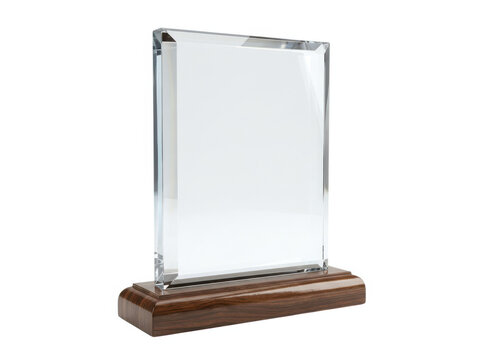 Clear glass award plaque standing on a dark wooden base for business achievement