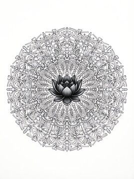 Intricate black and white mandala circle pattern on a clean white background