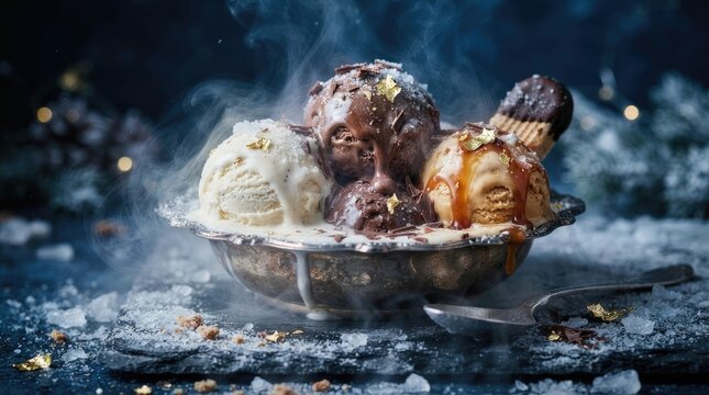 A decadent chocolate ice cream sundae is presented in a vintage silver bowl, partially filled with snow.