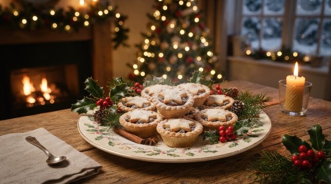 A warmly lit interior scene showcases a festive table laden with an assortment of traditional mince pies.