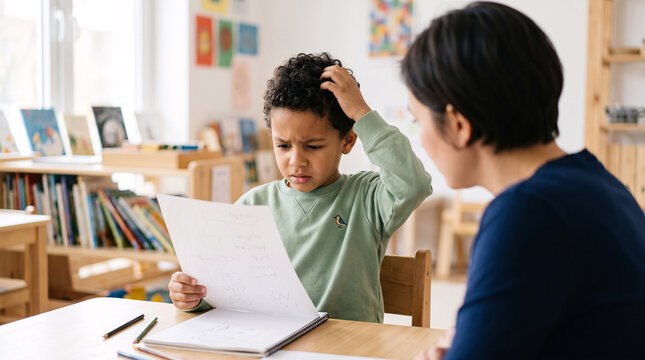 Enfant frustr&eacute; devant ses devoirs accompagn&eacute; par un adulte