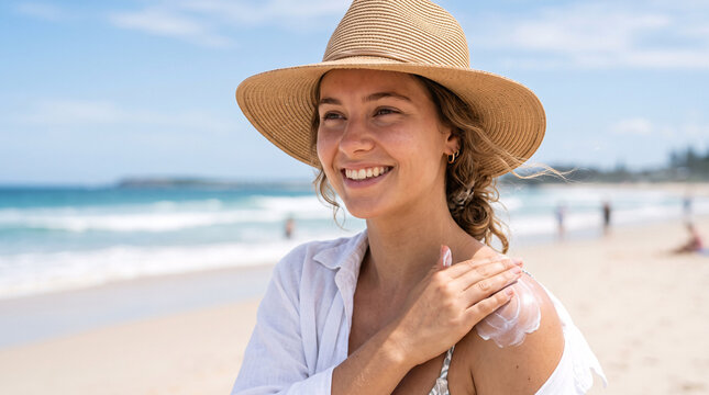 Femme appliquant de la cr&egrave;me solaire sur son &eacute;paule &agrave; la plage
