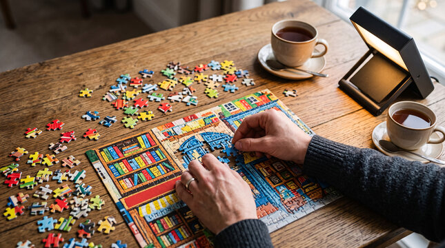 Personne assemblant un puzzle color&eacute; autour d&rsquo;un caf&eacute;