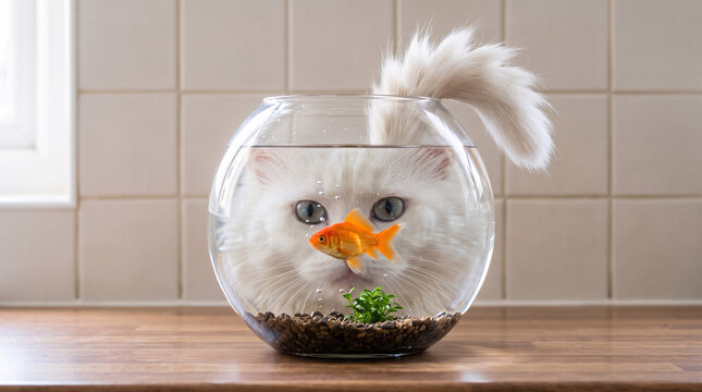 Chat blanc observant un poisson rouge &agrave; travers un aquarium rond