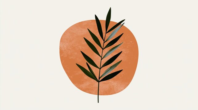 Dark green leaf sprig rests against a textured terracotta circle on a light background.