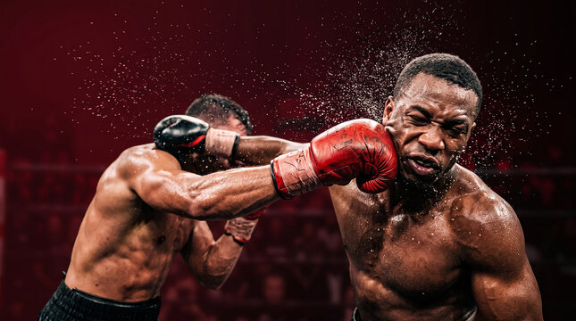A professional boxing match featuring two athletes exchanging powerful punches in a high-energy, cinematic ring environment