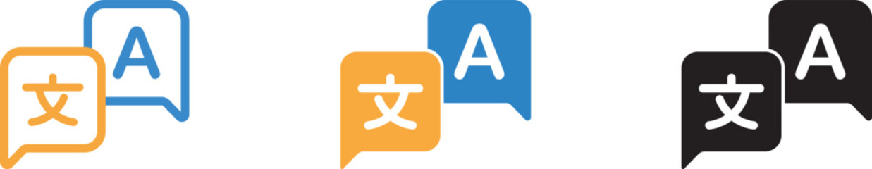 Translate icon set featuring language translation symbols for translator app, website, UI design, and transparent vector graphics. Language translation icon with chat bubbles for an online translator  © MDParveg
