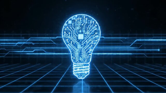 Digital circuit light bulb glowing on grid background.