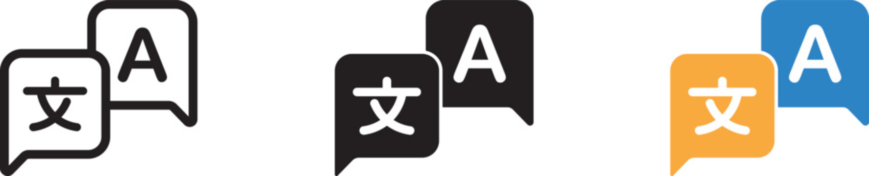 Translate icon set featuring language translation symbols for translator app, website, UI design, and transparent vector graphics. Language translation icon with chat bubbles for an online translator 