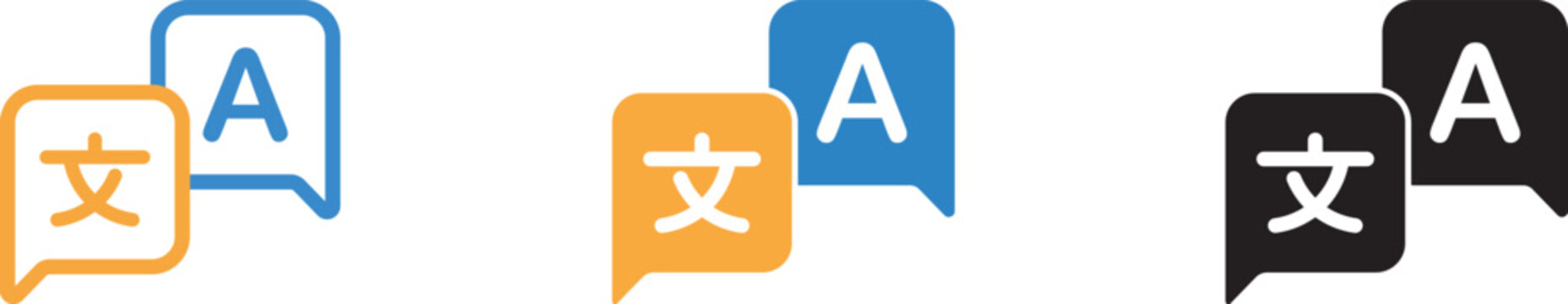 Translate icon set featuring language translation symbols for translator app, website, UI design, and transparent vector graphics. Language translation icon with chat bubbles for an online translator 
