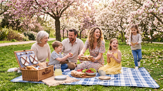 Famille partageant un pique-nique sous des arbres en fleurs