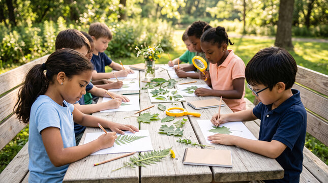 Enfants observant et dessinant des plantes pendant un atelier en plein air