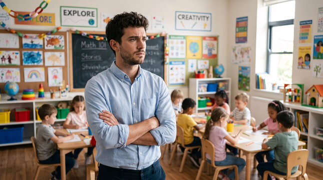 Enseignant debout dans une classe color&eacute;e avec des &eacute;l&egrave;ves