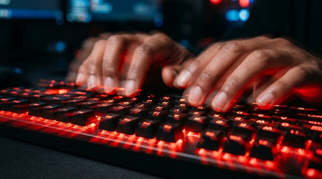 Professional gamer hands typing on backlit mechanical keyboard, red LED gaming setup, software developer coding in dark room