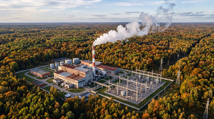 Fototapeta premium Site industriel entouré d’une vaste forêt en vue aérienne