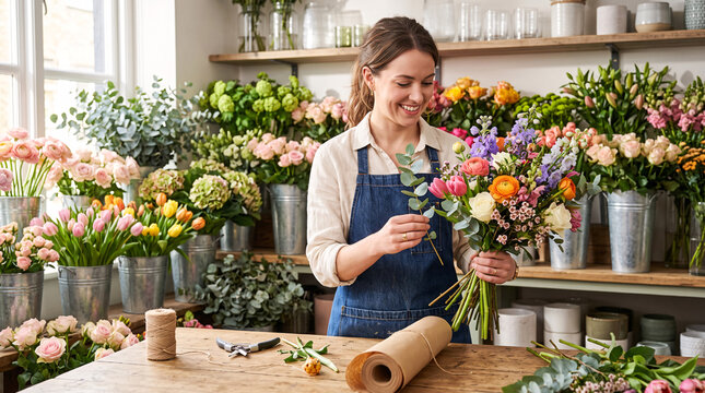 Fleuriste pr&eacute;parant un bouquet dans une boutique color&eacute;e