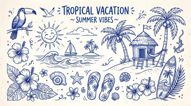 Tropical vacation summer vibes hand drawn doodle set