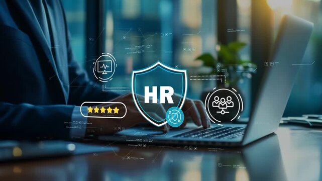 Human resources compliance management system with workforce governance controls, personnel oversight and business professional in futuristic office reviewing HR processes