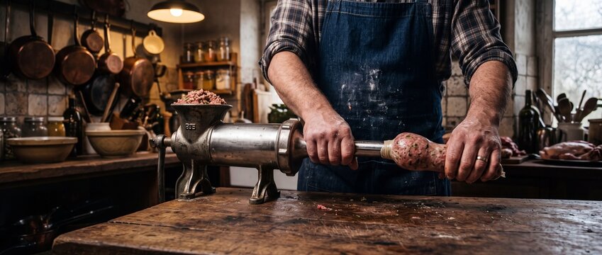 Butcher in plaid shirt making sausages with a manual meat grinder and stuffer in rustic kitchen