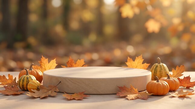 Wooden cylinder product podium surrounded by autumn leaves and mini pumpkins in a sunlit forest.