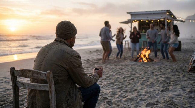 Lonely Man Sitting on Beach Watching Group of Friends Having Fun Around Bonfire at Sunset Representing Social Isolation