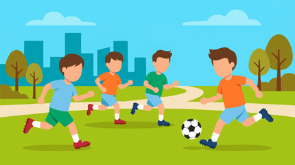 Group of young boys playing soccer in a park with city skyline