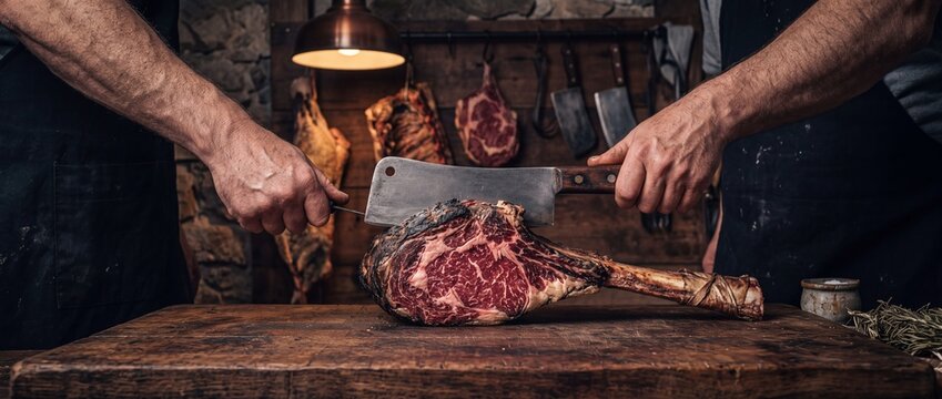 Two butchers holding cleaver over large Tomahawk steak on wooden block, preparing meat for grilling