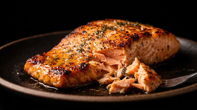 A juicy, cooked salmon fillet on a dark plate, prepared with herbs, highlighting a healthy and sophisticated seafood dining experience