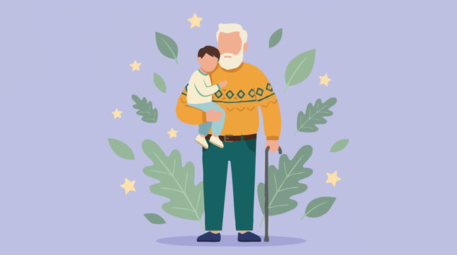 Grandfather holding grandchild illustration, family love and generations