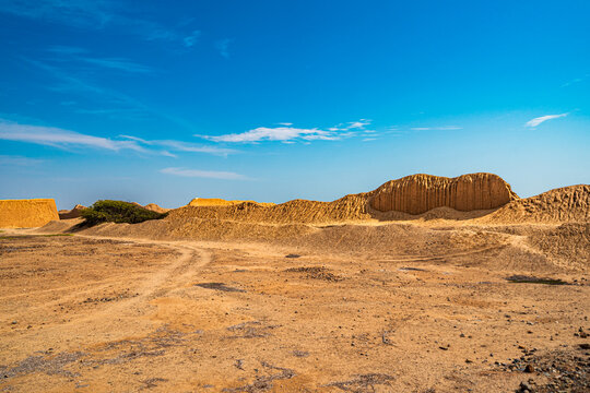 Ancient adobe walls at Chan Chan archaeological site in Trujillo Peru