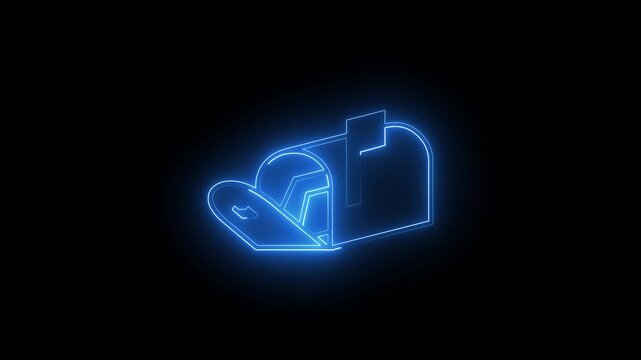 Blue Glowing Neon Mailbox Postbox Animated Icon Motion Graphics Stock Overlay Isolated Black Background Email Letter Delivery Message Symbol.