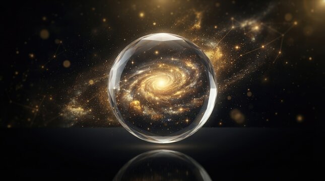 A clear crystal sphere displays a stunning, swirling galaxy within its depths.