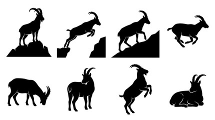 Fototapeta premium Set of black silhouettes of mountain goats in various poses and actions.
