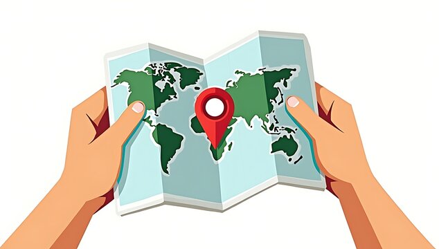 Hands holding a world map with a red location pin in the center.