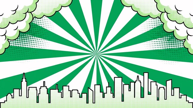 Minimal green skyline with retro radial sunburst rays and clean city silhouettes. Perfect for corporate presentations, environmental campaigns, branding, and promotional materials.