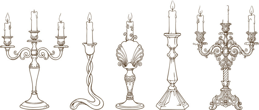 Vintage candelabra and antique candlestick holder line art vector set with burning candles for elegant home decor